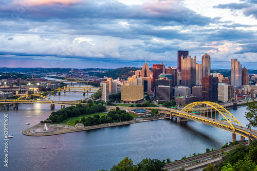 Sunset view of Pittsburgh downtown from Grand View at Mount Washington