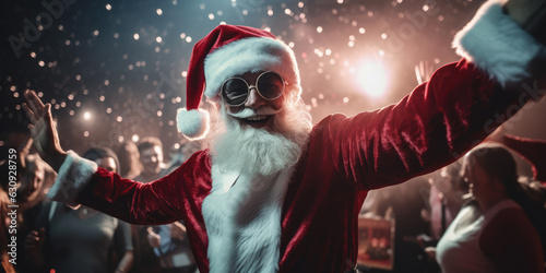 Modern Santa Claus on vacation at electronic music party in nightclub and dancing on the floor.