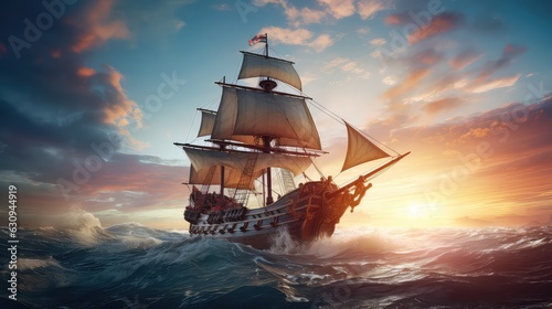 Illustration of Christopher Columbus' ship crossing the ocean