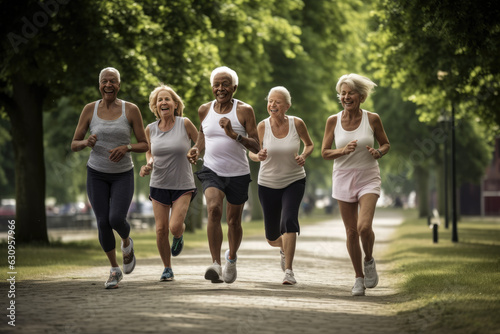 Seniors jogging in a park in a city