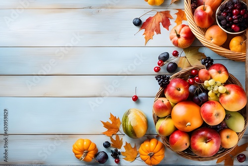 Against a calming blue backdrop, autumn leaves and a brimming fruit basket create a picturesque display