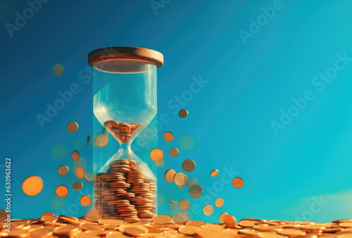 Financial investment rewards still life. Hour glass with gold coins falling from above and inside on blue background. Generated with AI technology.