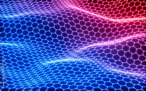Glowing hexagonal grid neon background, 3d rendering.