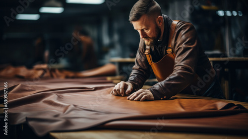 A young apprentice in a boot workshop prepares leather for further use on a large table.