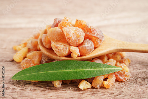 Frankincense or olibanum aromatic resin used in incense and perfumes.