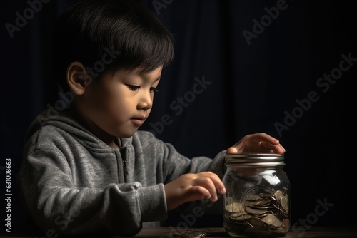 A Young Boy Touching Coins in a Mason Jar, A Fictional Character Created by Generated AI. 