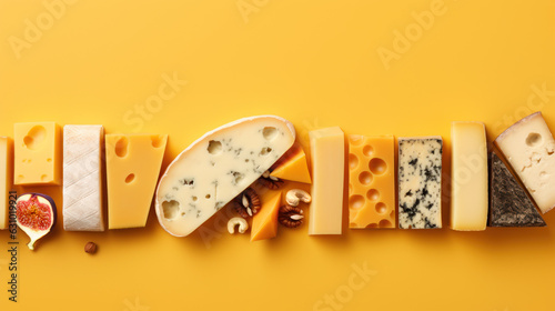 Various types of cheese arranged in row on yellow background, blue cheese, brie, cheddar and parmesan slices, assortment of cheese pieces, food photography with copy space