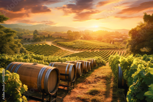 Embrace the enchanting beauty of a winery during autumn, as the sun sets behind the rolling vineyards, illuminating the grape-laden vines with a warm glow of promise and prosperity.