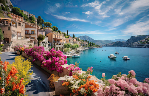 Seafront landscape with azalea flowers. French reviera, view of stunning picturesque coastal town