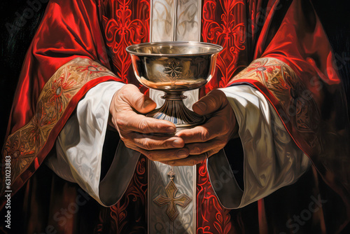 In a religious ceremony, the priest offers communion with a cup of wine, symbolizing the holy sacrament in Christianity and the connection with God.