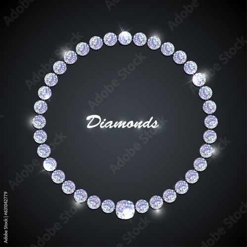 Diamond necklace on dark background. Luxury jewellery graphic with shiny rhinestones. Realistic illustration of diamond necklace vector.