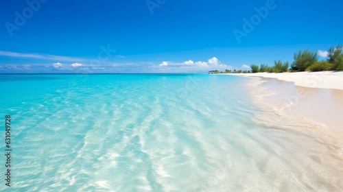 Photo of a stunning beach with crystal clear turquoise water and pristine white sand created with Generative AI technology