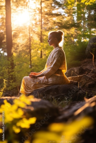 Woman is trying to meditate on a rock in the forest