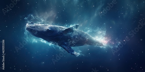 A humpback whale dives into a gaseous nebula of billions of stars.