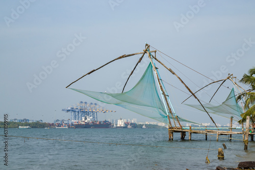 Chinese fishing net at sunrise in Cochin Fort Kochi, Kerala, India