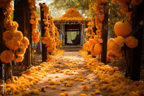 pathway adorned with marigold flowers, guiding spirits back to the living during the Day of the Dead celebrations Generative AI