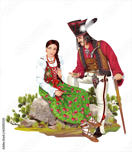 Polish Legendary Highlander Janosik Staying Next to His Mistress PNG Illustration.