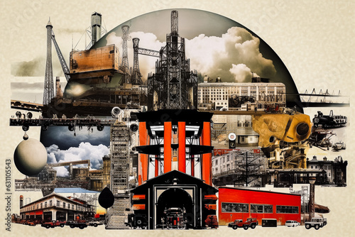 Collage sur le thème de l'Industrialisation et des transports au début du siècle - Générative ia