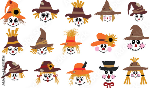Scarecrow Faces Bundle, Halloween and Thanksgiving Clipart. Set of Cartoon Scarecrow face vector designs. Head of a cartoon scarecrow in a hat