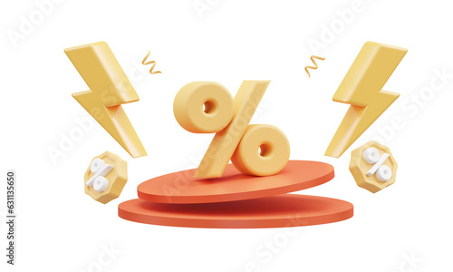 flash sale discount illustration with percent icon, thunder and price tag 3d rendering