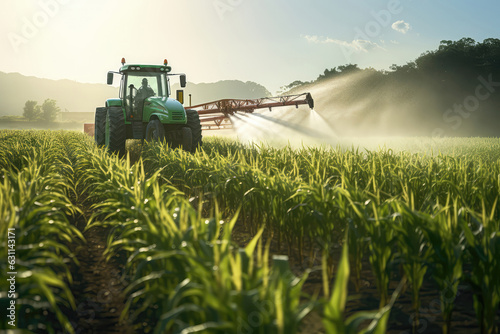 Tractor Spraying Young Corn Plants In Field. Generative AI