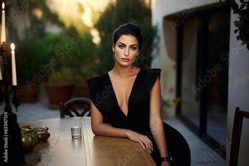 An incredibly beautiful Italian woman in a black dress sitting at a table in the park.