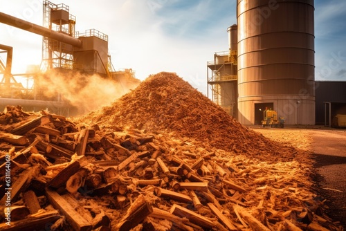 A pile of wood chips, a by-product of woodworking operations. A valuable resource for reducing waste and supporting clean energy solutions such as burning biomass to produce heat and electricity