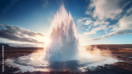 Famous geyser eruption in Iceland, Big geyser erupting from the ground.