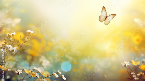 spring field in sunshine with butterflies. Generative Ai. 