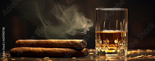 a glass of whiskey sitting next to a cigar Generative AI
