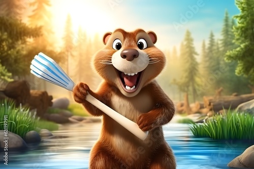 Cartoon character beaver. Beaver with a brush in his paw. 3d render