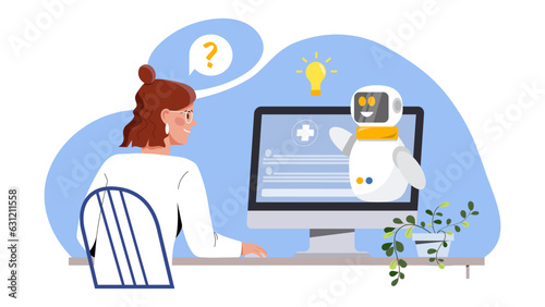 Medical chat bot concept. Artificial intelligence and machine learning. Robot advises client, answers questions. Diagnosis, health care and treatment. Cartoon flat vector illustration