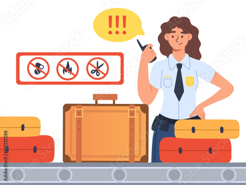 Problem in baggage concept. Young woman with strange luggage in conveyor belt. Customs officer checking passenger bags. Safety and security worker. Cartoon flat vector illustration