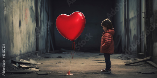 Lonely child and red balloon in the shape of heart. Generative AI.