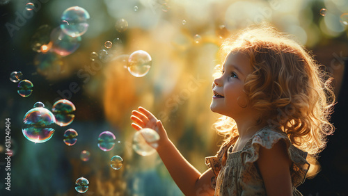 child blowing soap bubbles. generative ai 