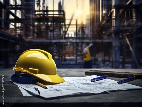 Arbeitssicherheit: Schutzhelme liegen bereit auf den Bauplänen