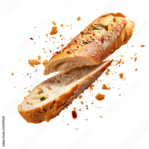 Slicing a crusty baguette with crumbs and seeds, against a transparent backround.