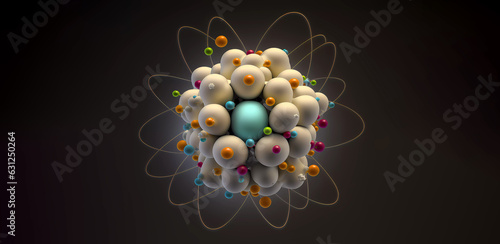 An enlarged model of an atom with a nucleus of protons on a neutral abstract background, wallpaper. AI generated