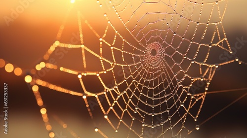  a close up of a spider web with dew drops on it. generative ai
