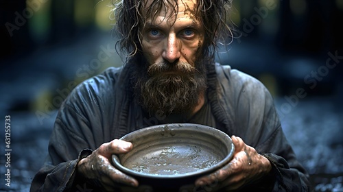 Close-up of a homeless man with an empty plate in his hands begging for food.