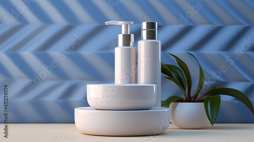 Blue tone podium for beauty products advertising template.
