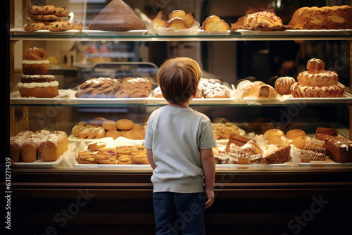  A child peering into a bakery's display case, highlighting the wonder and excitement in choosing from a variety of delightful pastries