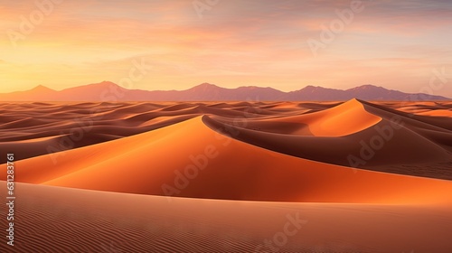  a desert landscape with sand dunes and mountains in the distance. generative ai