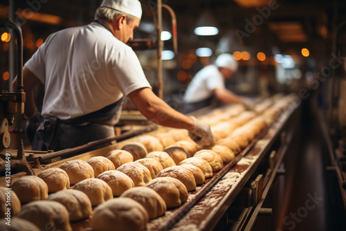 workers sorting bread on bakery factory