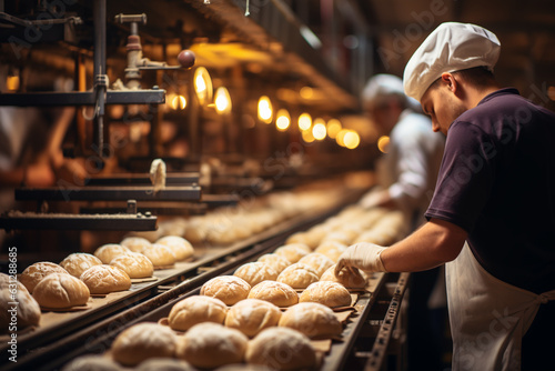 workers sorting bread on bakery factory