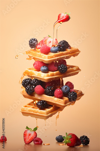 Food levitation. Floating waffles and berries