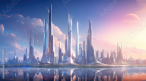 A futuristic skyline with holographic adver shimmering off the glass exteriors of the skysers. cyberpunk ar