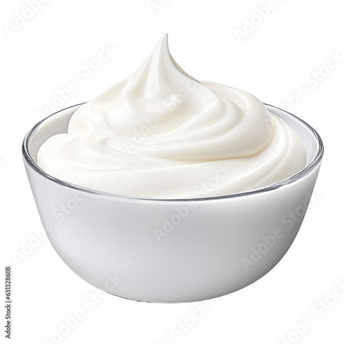 Bowl with sour cream, mayo, yogurt on transparent backround, fully focused, with clipping path.