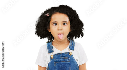 Little girl, silly and goofy face with tongue out standing isolated on a transparent PNG background. Portrait of female child, kid and funny faces or facial expression in childhood, comedy or youth