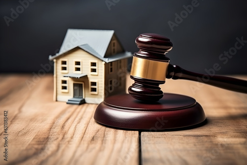 Law and Justice real estate house auction concept. Judge gavel on wooden table in front of a house model.